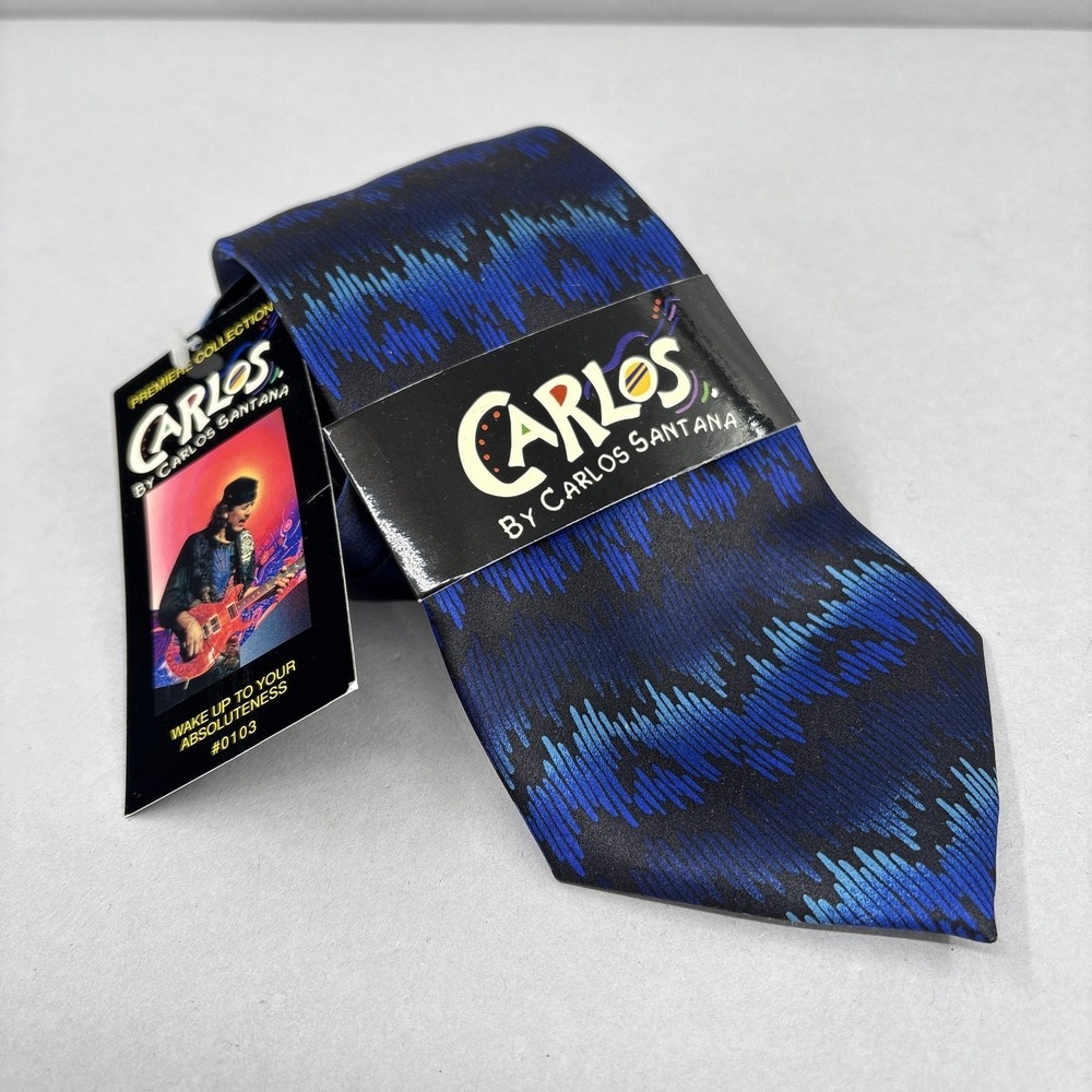 Carlos Santana Tie‎ Mens One Size Blue Black Abstract Silk Necktie 0103 VTG NWT